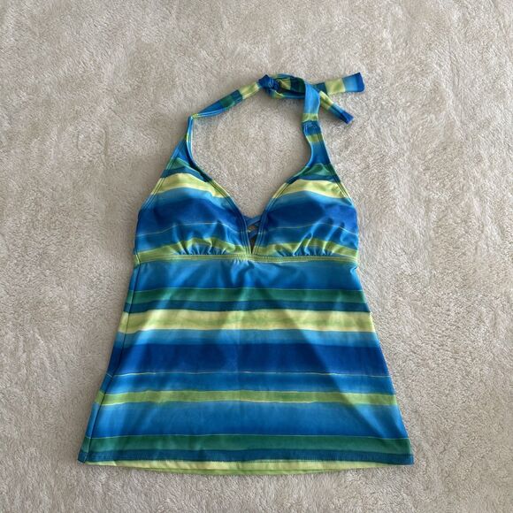 Nautica Tankini Top Size 8 Blue Green Striped Halter Swim Top Padded Cups - Picture 1 of 5